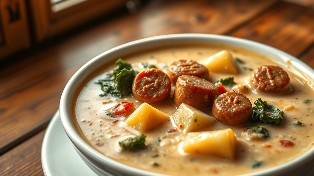 hero: Creamy Zuppa Toscana soup in white bowl, close-up view showing spicy Italian sausage, tender potatoes, and wilted kale in rich cream broth, steam rising, natural daylight window lighting, rustic wooden table background, photorealistic, no text