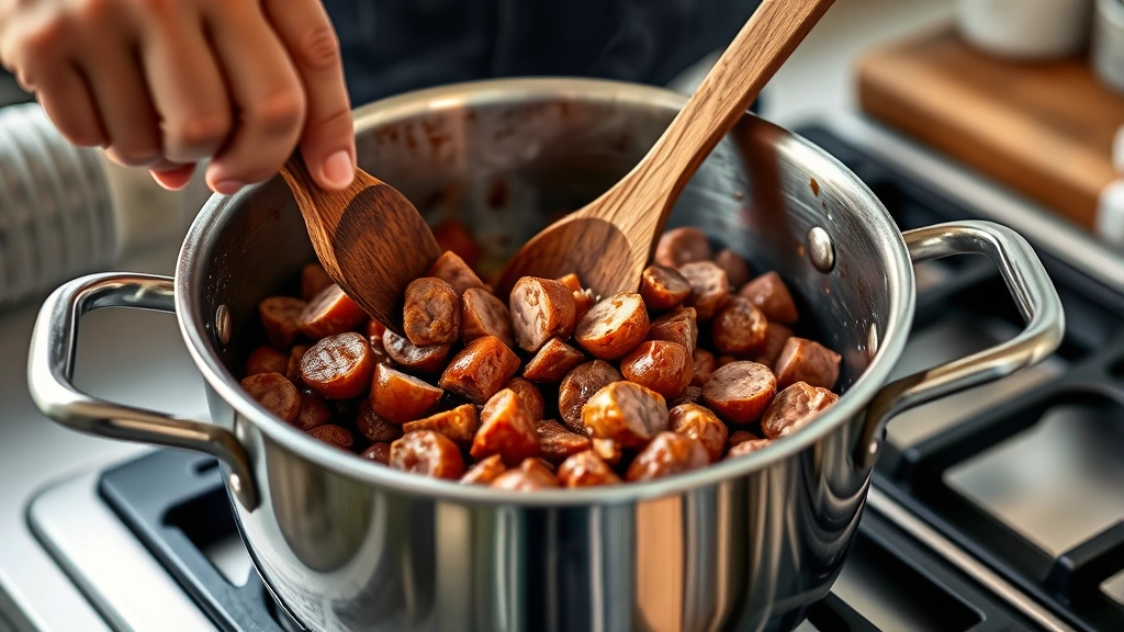 process: Cook breaking up Italian sausage in stainless steel pot with wooden spoon, browned meat visible, kitchen stovetop, natural window light, photorealistic action shot, no text
