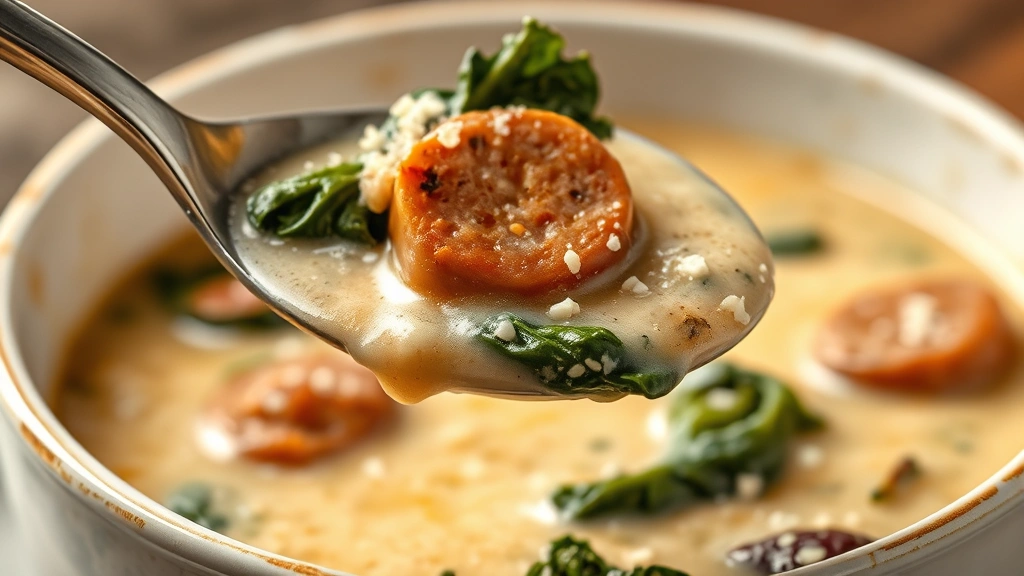 detail: Close-up spoon lifting creamy soup with kale leaf and sausage piece, rich cream broth coating, Parmesan cheese sprinkled on top, shallow depth of field, warm natural lighting, photorealistic, no text