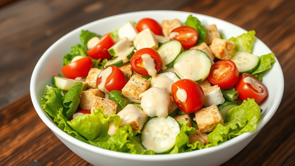 hero: fresh Olive Garden style salad with crispy romaine lettuce, cherry tomatoes, cucumber, mozzarella cheese, and croutons in a large white bowl with creamy Italian dressing coating the vegetables, photorealistic, natural light, no text