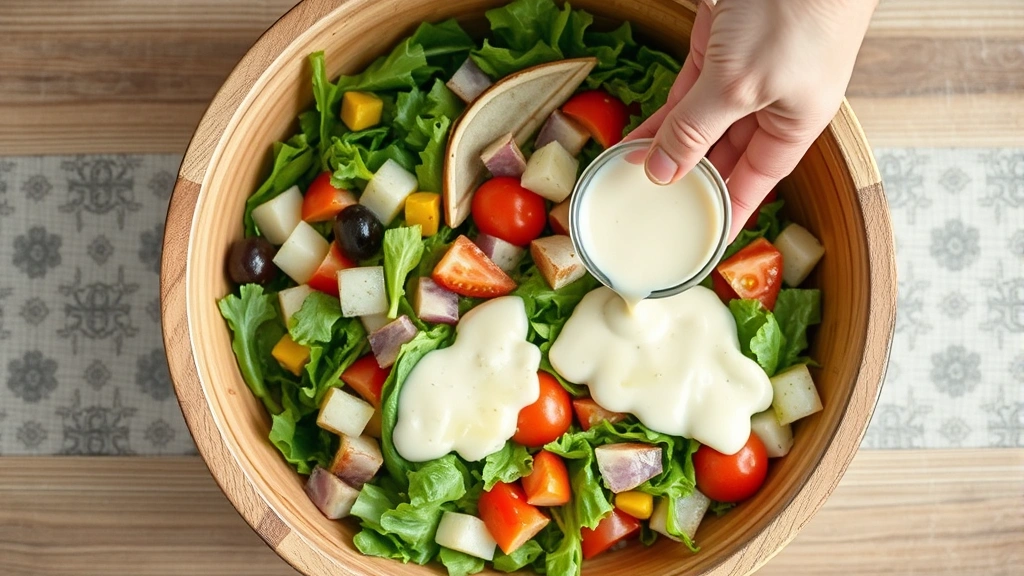 process: hands tossing fresh salad ingredients with homemade creamy Italian dressing in a large wooden salad bowl, photorealistic, natural light, no text
