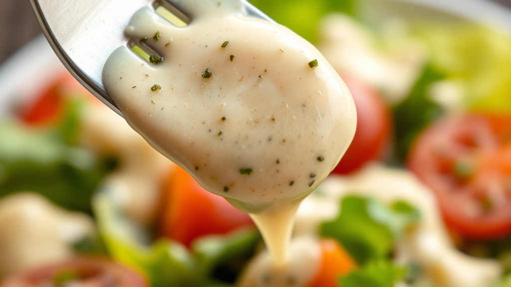 detail: close-up of creamy Italian dressing dripping from a fork with salad ingredients, showing the rich texture and herbs in the dressing, photorealistic, natural light, no text