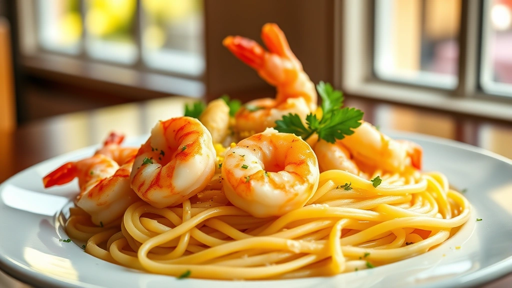 hero: plated shrimp scampi with pasta, golden shrimp in creamy butter sauce over linguine, garnished with fresh parsley and lemon zest, warm natural window lighting, elegant plating, no text