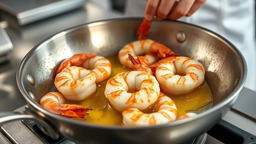 process: chef searing large shrimp in stainless steel skillet with butter and oil, golden crust forming, professional kitchen lighting, close action shot, no text