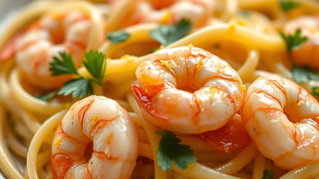 detail: close-up macro of creamy butter scampi sauce coating linguine pasta with succulent pink shrimp, fresh lemon zest and parsley garnish, shallow depth of field, natural soft lighting, no text