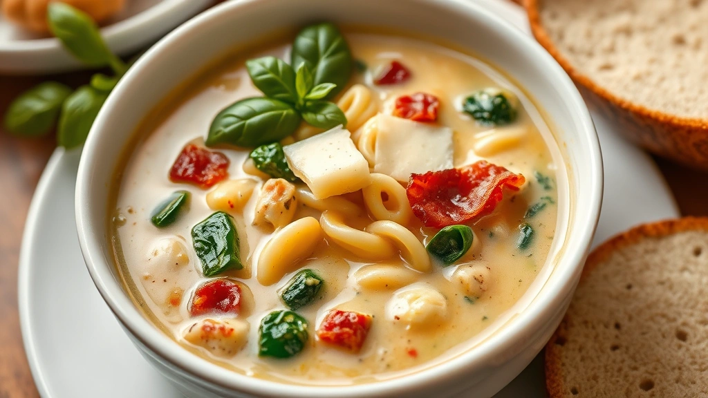 hero: Olive Garden Toscana Soup in a white bowl, creamy broth with visible bacon, spinach, and pasta, garnished with Parmesan cheese and fresh basil, photorealistic, natural warm lighting from above, no text
