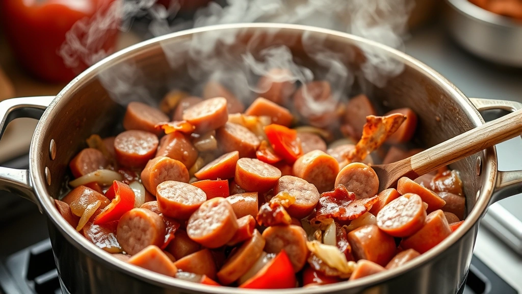 process: Cooking Italian sausage and bacon in a large pot, steam rising, red bell peppers and onions visible, wooden spoon stirring, photorealistic, natural kitchen lighting, no text