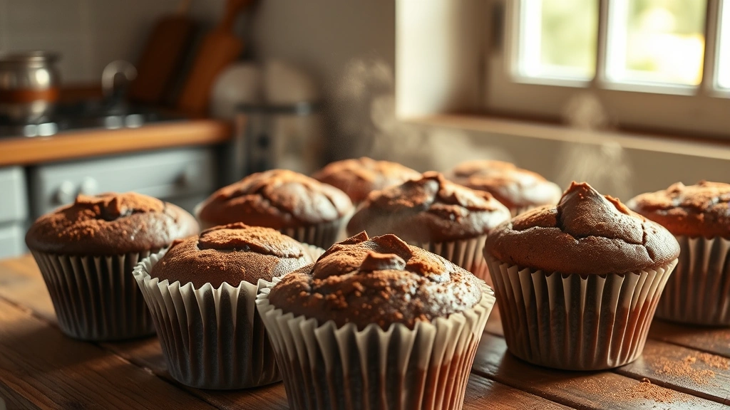 hero: golden-brown peaked chocolate muffins in muffin liners, fresh from oven, steam rising, dusted with cocoa powder, natural morning light through kitchen window, rustic wooden table, photorealistic, no text
