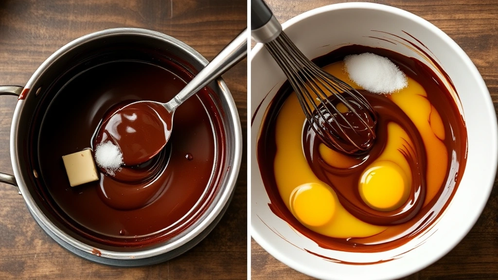 process: melting dark chocolate with butter in saucepan, whisking chocolate mixture into eggs and sugar in white bowl, chocolate batter coating whisk, warm kitchen lighting, photorealistic, no text
