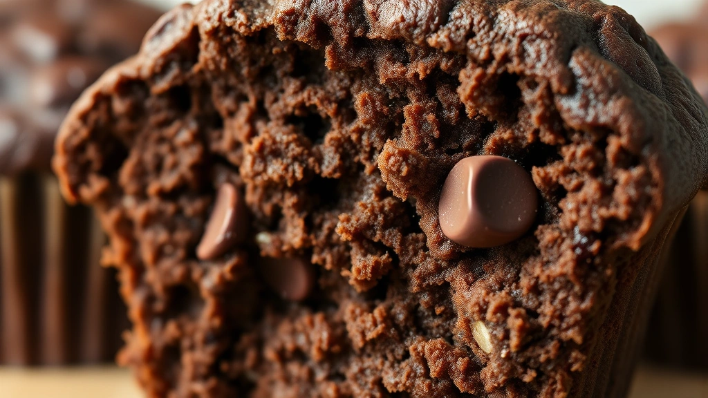 detail: close-up cross-section of warm chocolate muffin showing moist tender crumb, chocolate chips visible, steam rising, natural diffused light, shallow depth of field, photorealistic, no text