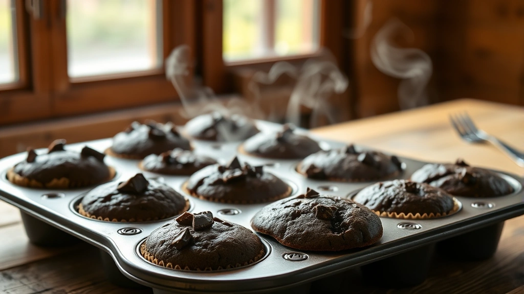 hero: warm Olympic Village chocolate muffins in muffin tin, chocolate chunks visible, steam rising, natural window light, rustic wooden table background, no text