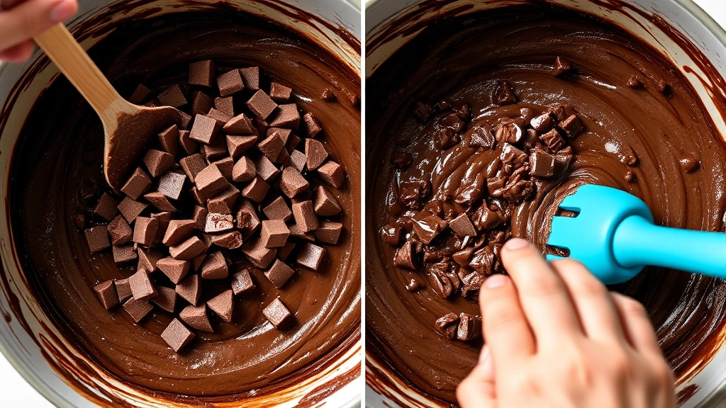 process: hands folding chocolate chunks into rich chocolate batter with spatula, close-up action shot, bright natural light, no text