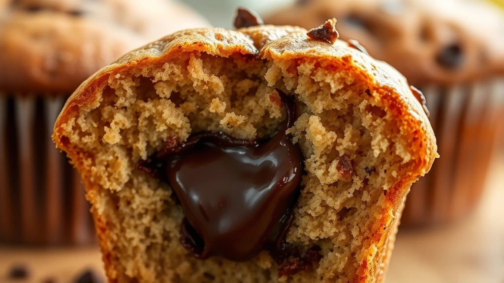 detail: cross-section of single muffin showing gooey melted chocolate center, macro close-up, warm natural light, no text