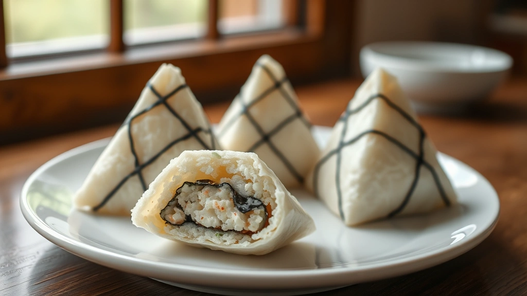 hero: three beautiful triangular onigiri with nori wrapping arranged on a white ceramic plate, one partially unwrapped showing the filling inside, soft natural window light, shallow depth of field, Japanese aesthetic, no text