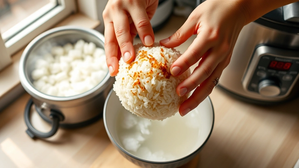 process: hands shaping warm seasoned rice into a ball over a small bowl of salt water, rice cooker steaming in background, natural daylight from window, overhead angle, authentic kitchen setting, no text