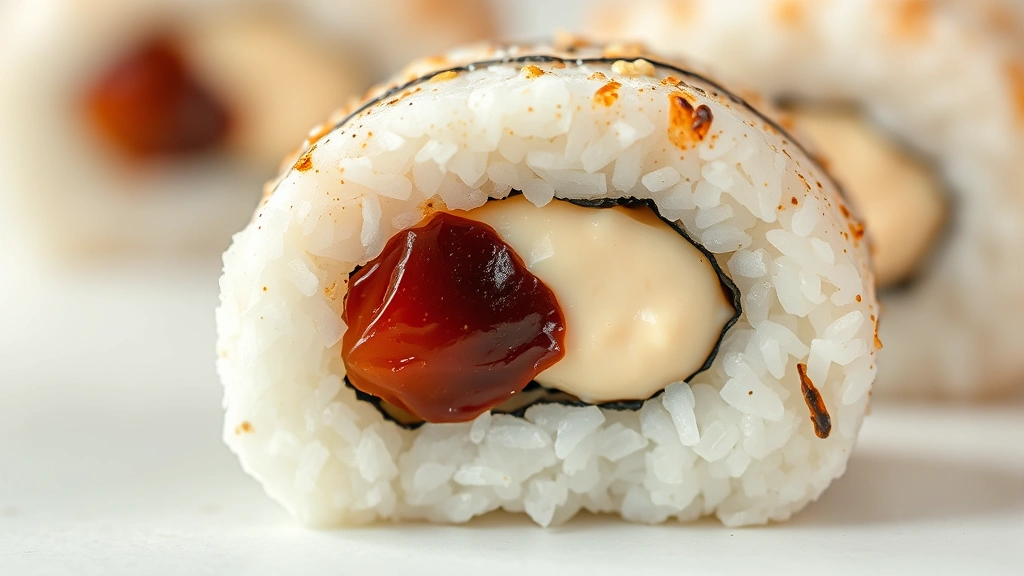 detail: close-up cross-section of onigiri showing creamy umeboshi filling surrounded by perfectly seasoned rice, nori strip visible, soft focus background, macro photography, natural lighting, no text