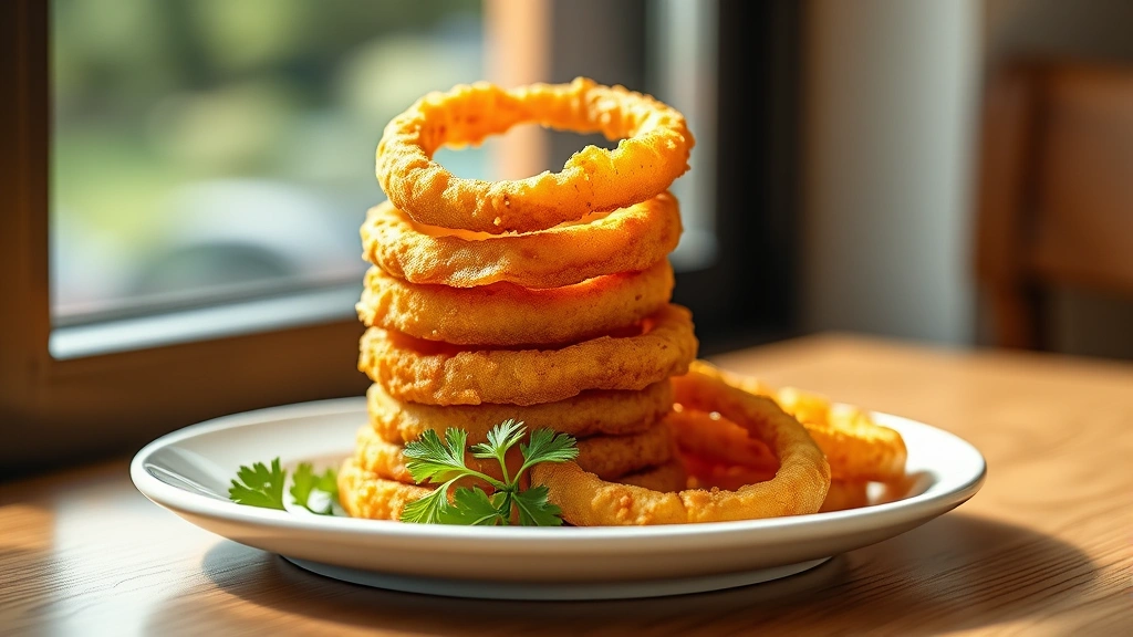 hero: golden crispy onion rings stacked on white plate with fresh parsley garnish, warm natural window light, shallow depth of field, appetizing and professional