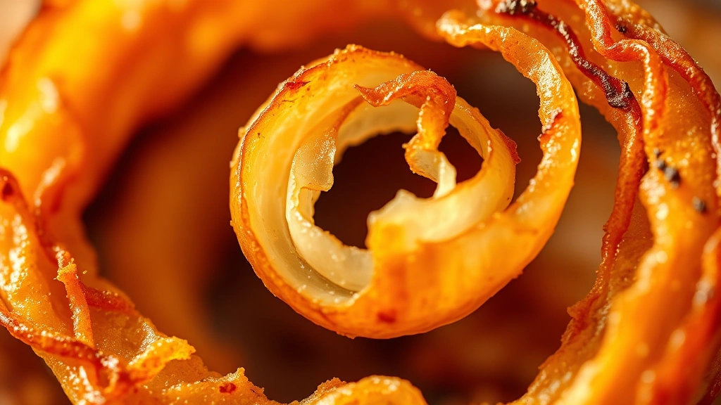 detail: close-up cross-section of single onion ring showing crispy outer coating and tender onion inside, warm golden lighting, macro photography style