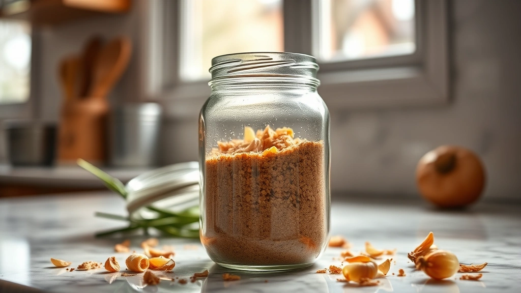 hero: beautiful glass jar filled with homemade onion soup mix blend, warm natural window light, jar sits on marble countertop with scattered dried onions nearby, photorealistic, no text