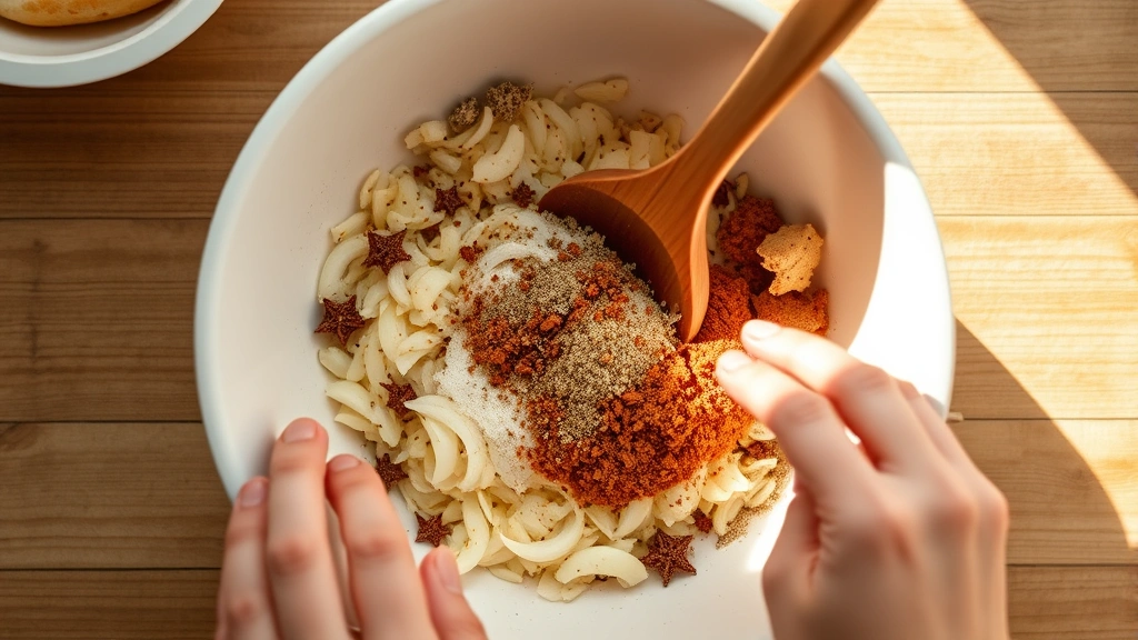 process: hands mixing dried onions and spices together in white ceramic bowl with wooden spoon, overhead shot, natural kitchen light streaming in, photorealistic, no text
