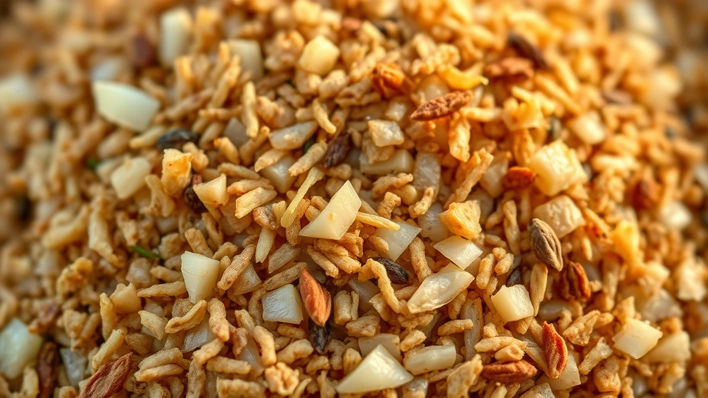 detail: close-up macro shot of the finished onion soup mix showing texture of dried minced onions and spices, golden hour lighting, photorealistic, no text