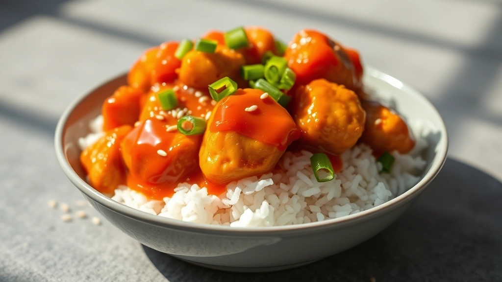 hero: glossy orange chicken sauce coating crispy golden chicken pieces over white steamed rice, garnished with green onions and sesame seeds, natural daylight, soft shadows, appetizing professional food photography
