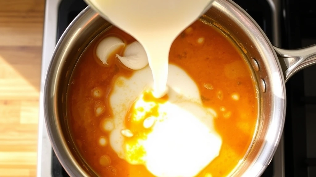 process: simmering orange sauce in stainless steel saucepan with visible garlic and ginger, cornstarch slurry being added, steam rising, natural kitchen lighting