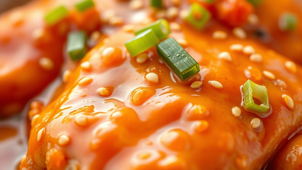 detail: close-up of vibrant orange sauce with glossy texture clinging to chicken, fresh orange zest visible, green onion garnish and sesame seeds on top, shallow depth of field, warm natural light