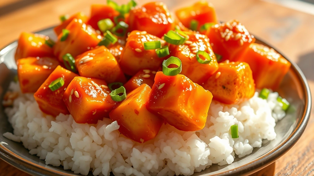 hero: golden crispy tofu cubes glistening with vibrant orange sauce, garnished with green onions and sesame seeds, served over white rice, photorealistic, warm natural sunlight streaming across plate, no text