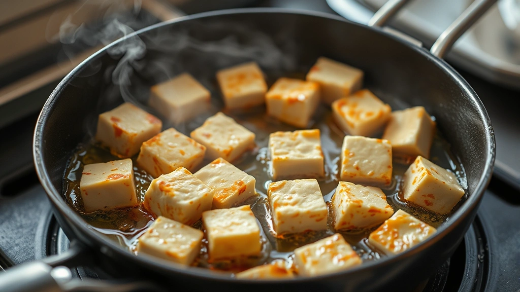 process: tofu cubes frying in hot oil creating golden crust, steam rising from pan, photorealistic, natural kitchen lighting, no text