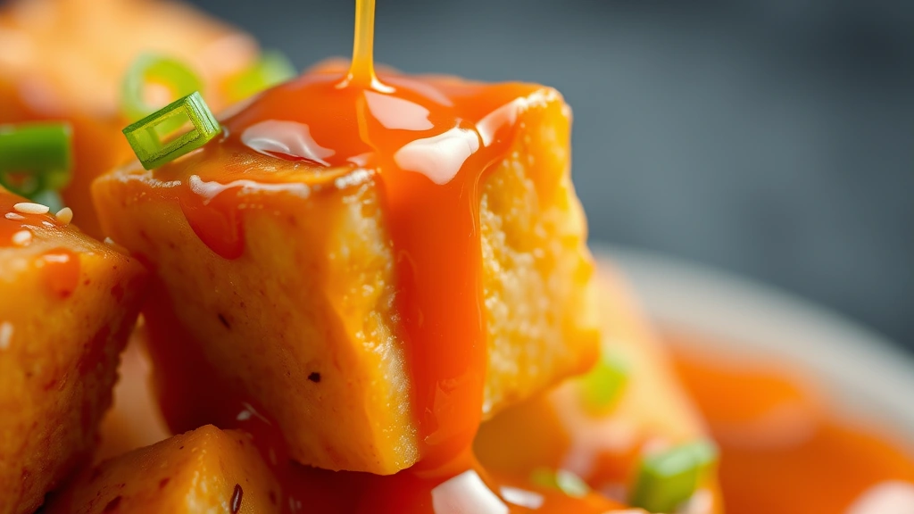 detail: close-up of single crispy tofu cube with glossy orange sauce dripping, sesame seed and green onion garnish visible, photorealistic, shallow depth of field, natural light, no text