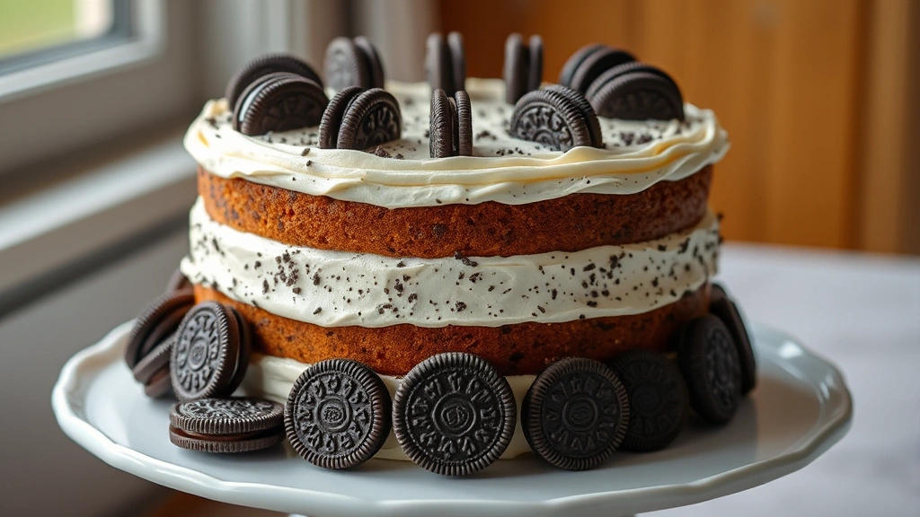 hero: Stunning three-layer Oreo cake with thick creamy speckled frosting, decorated with whole Oreo cookies around the edge, sitting on white cake plate, natural window light, shallow depth of field, professional bakery style, no text