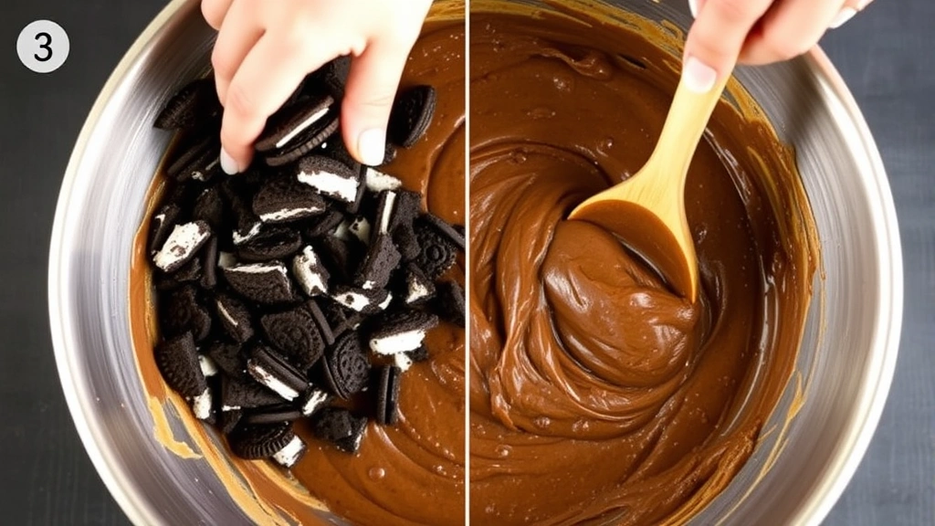 process: Hands folding crushed Oreo cookies into chocolate batter in stainless steel mixing bowl with wooden spoon, overhead shot, natural daylight, showing texture of batter, no text