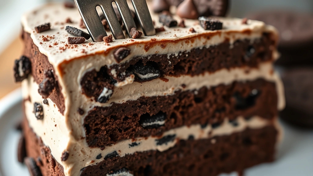 detail: Close-up cross-section of sliced Oreo cake showing three chocolate layers with Oreo pieces distributed throughout and thick frosting layers between, fork lifting slice, creamy frosting texture visible, warm natural light, no text