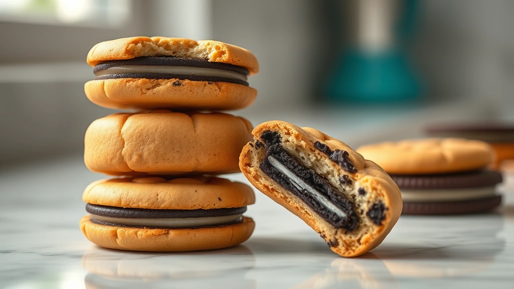 hero: a stack of three warm Oreo cookie-in-a-cookie treats, one broken in half showing the Oreo center inside, on a marble countertop with soft window light, shallow depth of field, photorealistic, professional food photography, no text