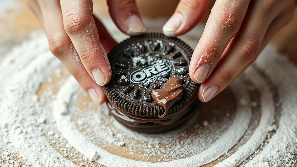 process: hands wrapping chocolate cookie dough around a whole Oreo cookie, mid-action shot, flour dust in the air, natural daylight, photorealistic, no text