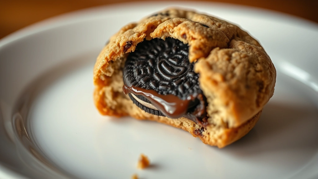 detail: close-up macro shot of a broken cookie showing the Oreo cookie perfectly centered inside, melted chocolate visible, on a white plate, warm soft lighting, photorealistic, no text