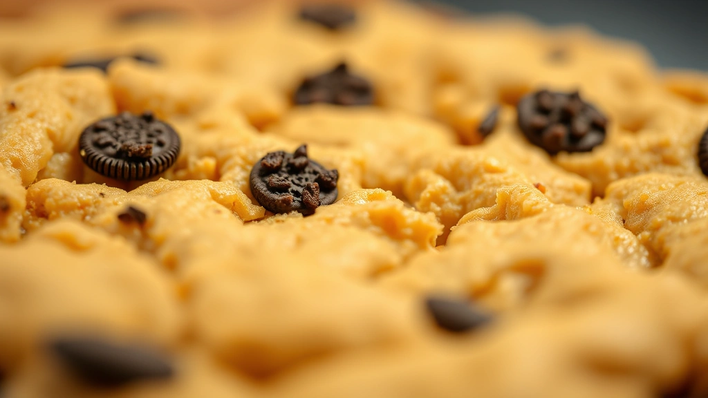 detail: extreme close-up of baked Oreo crust texture showing individual cookie crumbles and butter sheen, shallow depth of field, warm natural lighting, photorealistic