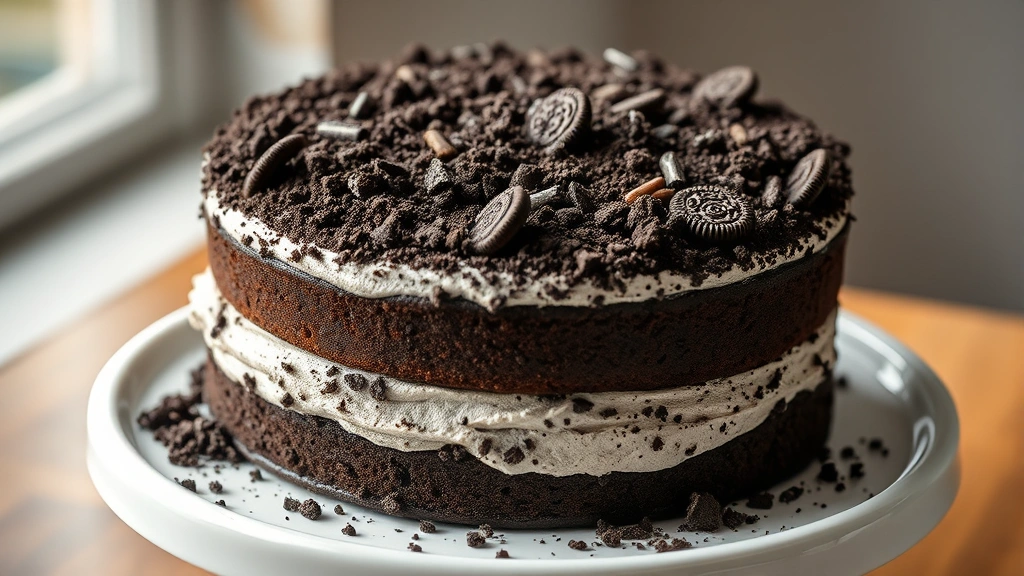 hero: Oreo dirt cake with crushed Oreo cookies covering the frosting, two-layer chocolate cake, professional bakery styling, photorealistic, natural window light, no text, white ceramic cake plate