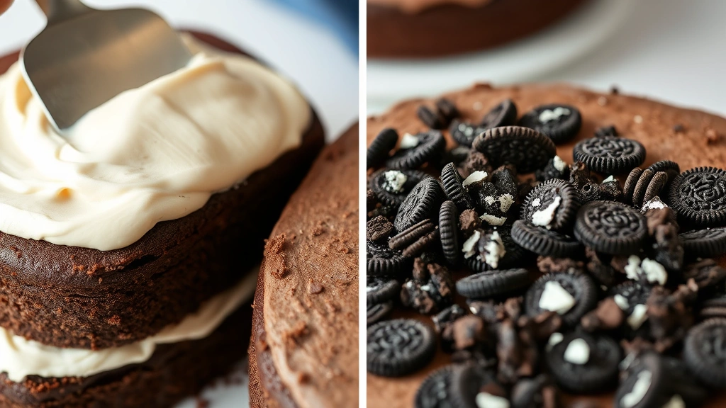 process: Spreading frosting between chocolate cake layers with offset spatula, crushed Oreo cookies ready for application, photorealistic, natural light, no text, close-up action shot