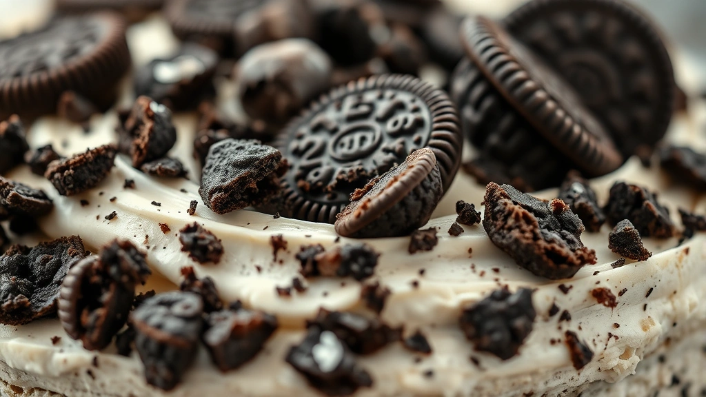 detail: Close-up of frosted cake topped with crushed Oreo cookies and whole cookies, showing texture and crumb detail, photorealistic, natural light, no text, shallow depth of field