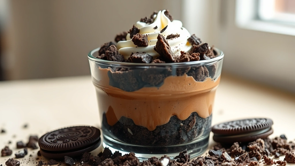 hero: Oreo dirt pudding served in a clear glass cup, showing distinct layers of chocolate pudding, crushed Oreo crumbles, and whipped cream topping, photorealistic, natural window light, no text, shot from slight angle