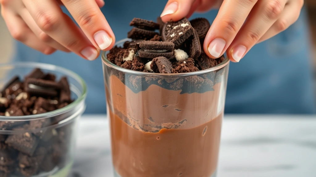process: Hands layering crushed Oreos into chocolate pudding in a clear glass, showing the dirt-like texture and assembly process, photorealistic, natural light, no text