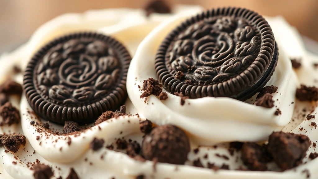 detail: close-up of Oreo dirt pudding top layer with whole Oreo cookie placed on whipped cream, showing texture and depth, photorealistic, natural light, no text
