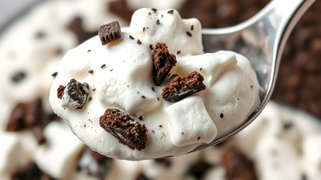 detail: close-up spoonful of Oreo fluff showing texture of marshmallow, whipped cream, and cookie pieces, photorealistic, natural light, shallow depth of field, no text, appetizing detail