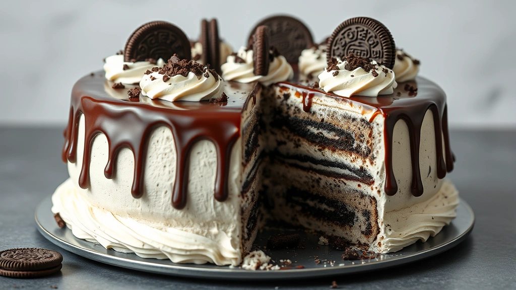 hero: Oreo ice cream cake with chocolate ganache drip, whipped cream, and whole Oreos on top, slice removed showing layers, photorealistic, natural light, no text