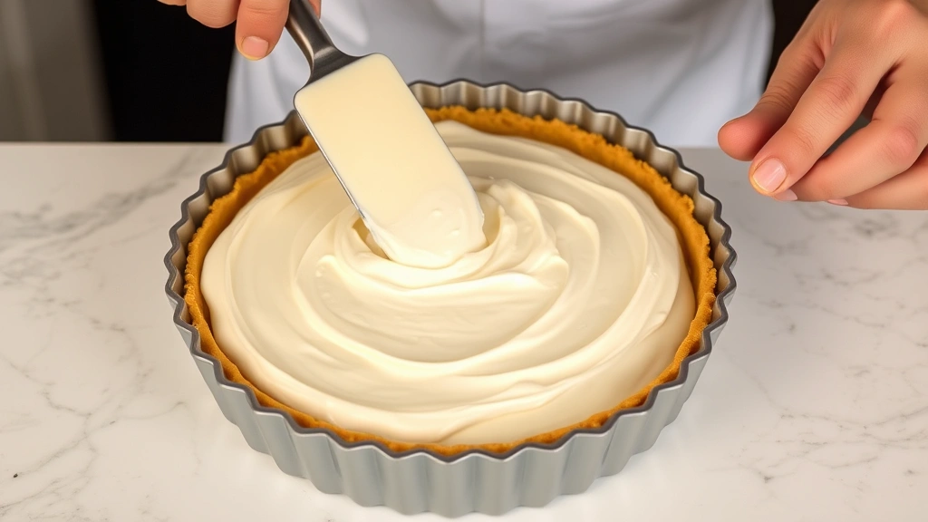 process: spreading vanilla ice cream layer over Oreo crust in springform pan, chef's hands with offset spatula, photorealistic, natural light, no text