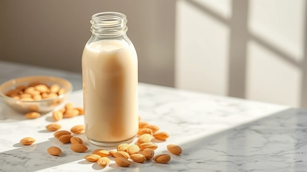 hero: glass bottle of creamy white orgeat syrup with light streaming through it, fresh blanched almonds scattered nearby on marble surface, morning sunlight, professional styling, no text or labels