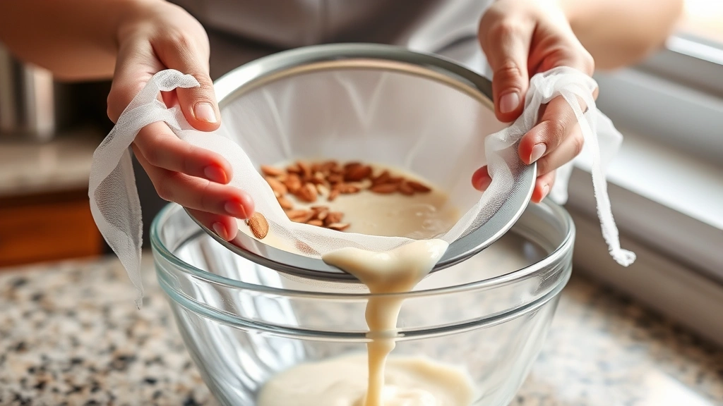 process: hands straining almond mixture through fine cheesecloth over glass bowl, creamy liquid flowing through, soft natural window light, action shot, kitchen counter background