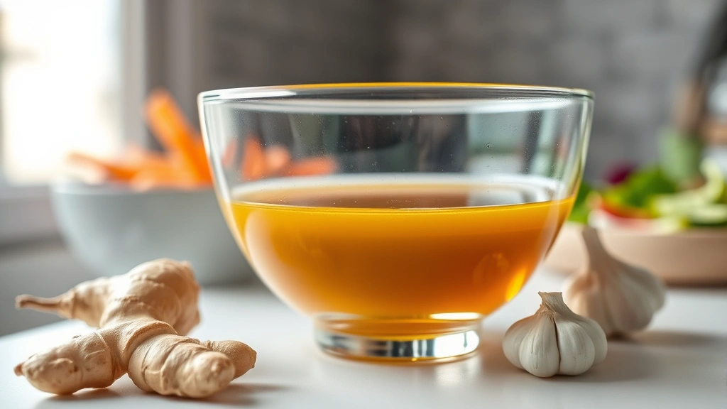 hero: Beautiful glass bowl filled with golden Oriental dressing, fresh ginger and garlic visible nearby, soft natural window light, salad ingredients blurred in background, clean white surface
